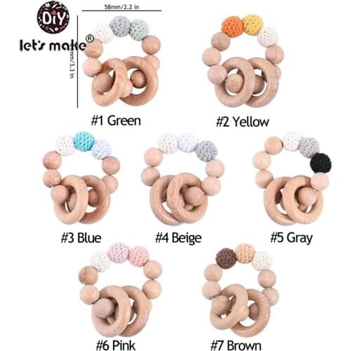 Lets Make 7pc/set Round Wooden Teether Beads Silicone Teething Beads DIY Baby Toys Bracelet Baby Teether Rattle Toy Beech Wood