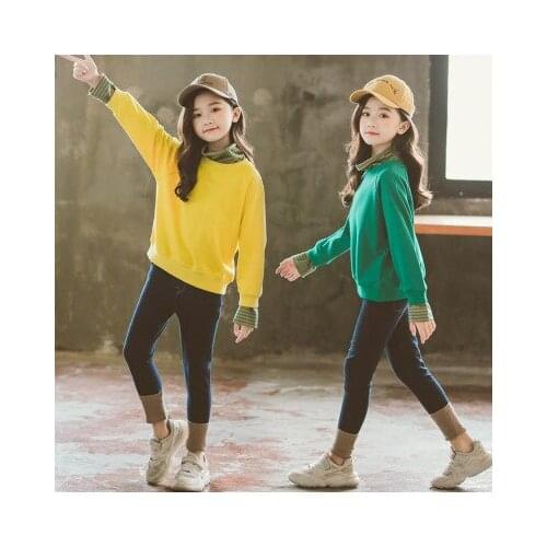 Girl Sweatshirt Set Children Sports Suits Turtleneck Patchwork Sweatshirts +Jeans Pants Children Two Piece Suits Girls Tracksuit