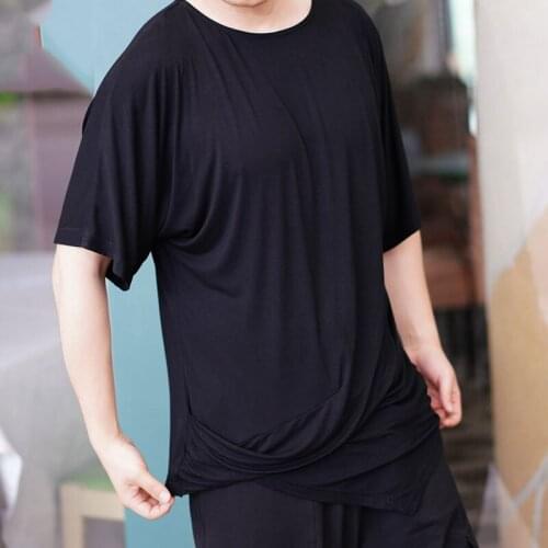 New Latin Dance Tops MenS Loose High Quality Modal Practice Clothes Ballroom Dance Shirt Irregular Short-Sleeved T-Shirt DL4407