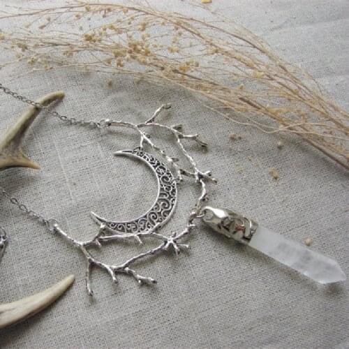 Gothic White Crystal Crescent Moon Branches Necklace Witch Pendant Fantasy Forest Jewelry Twig Statement Wedding Wicca Jewellery