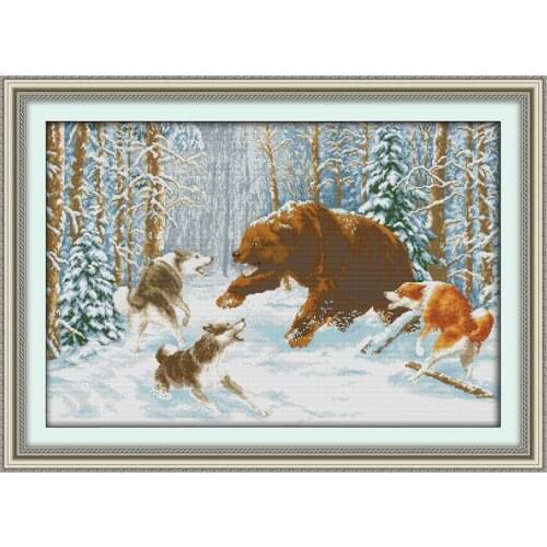Joy Sunday Wolves And Bear In The Snow Pattern Print On Canvas11&14CT Cross Stitch Kit Needlework Set All Embroidery,winter Scen