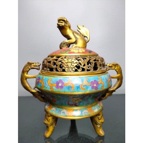9"Chinese temple collection Old Bronze Cloisonne Enamel Lion statue Binaural Three-legged incense burner Ornaments Town House