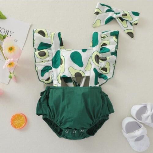 Baby Girls Summer Bodysuits Outfits Ruffle Sleeve Avocado Print Backless Romper with Headband Set Baby Clothes