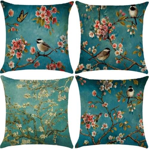 Linen Flower Bird Tree Throw Pillow Case Cushion Cover Home Sofa Cafe Car Decor