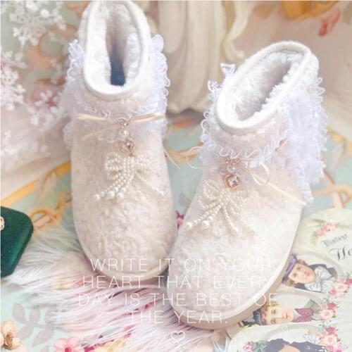 Sweet snow boots short tube Loli Bowknot Princess Kawaii Girl Women Shoes Vintage Sweet Lolita Shoes Middle Heel cos loli