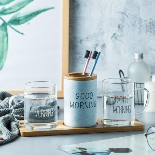 4pcs Set Bathroom Accessories Kit Good Morning Greetings Glass Mouth cup Ceraatmic Toothbrush Holder With Cover Bamboo Wood Tray