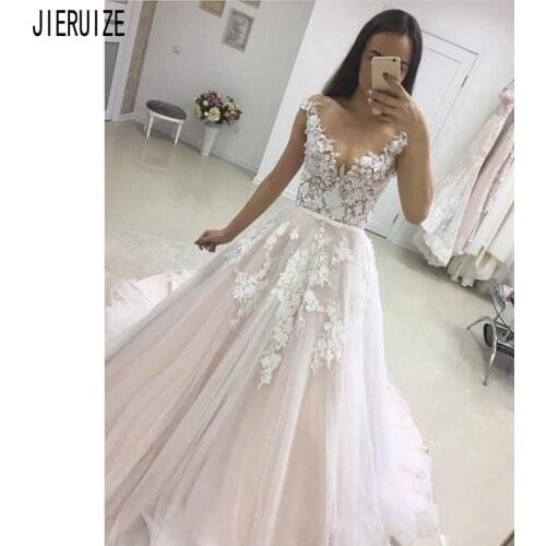 JIERUIZE New Backless Wedding Dresses Boho Bride Dress V Neck Sleeveless Appliques Lace Bow Sash Wedding Gowns vestido de noiva