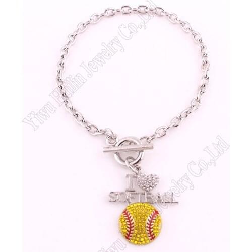 Sports Jewelry Drop Shipping 1.2"*1.3" inches Crystal I LOVE SOFTBALL 2D Pendant Toggle Charm Bracelet Fans Favorite Jewelry