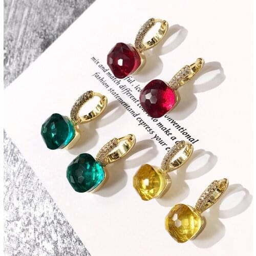 Top Quality Fashion Candy Style Hoop Earrings Multi-Faceted Multicolor Square Crystal Earrings For Women Brand Jewelry