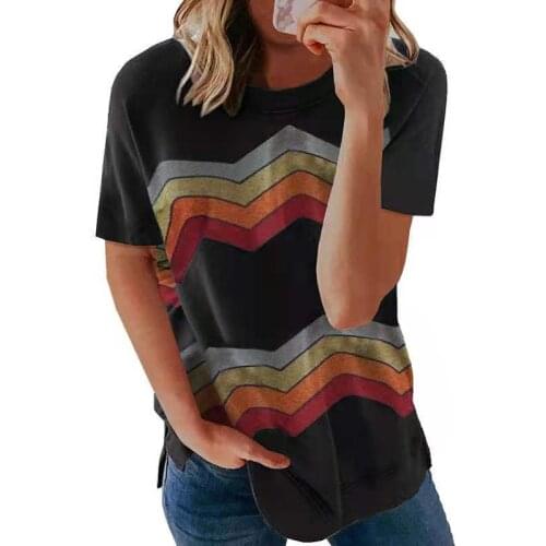 Rainbow Stripes Print Casual Female T-shirt Loose O-neck Short Sleeve Top Joker Black Comfortable Summer 2021 New Women T-shirts