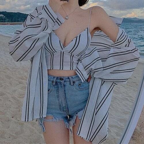 Two Piece Holiday Style Ins Web Celebrity 2021 Spring Summer Super Dia Show Women Stripes Prevented Bask Loose Shirt Breast Pad