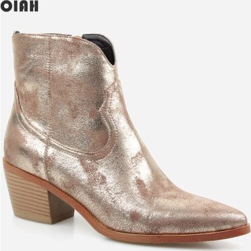 2019 Spring/Autumn New Fashion Womens High-heeled Retro Square Heel Boots Zipper Concise Pointed Toe Woman Boot Golden Shoes