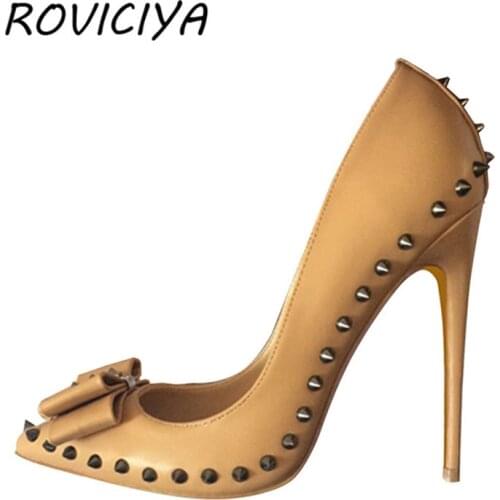 Pumps women shoes bow rivets female woman shoes ladies high heel spring autumn 8-12 cm 33-45 MD012 ROVICIYA