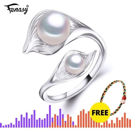 FENASY Natural Freshwater Double Pearl Ring Boho Fashion Leaf Statement Cocktail 925 Sterling Silver Rings For Women Jewelry