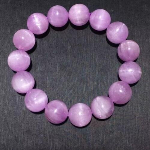 13.3mm Top Natural Purple Kunzite Quartz Clear Round Beads Bracelet Cat Eye Women Men Rare Kunzite Powerful Energy AAAAAA