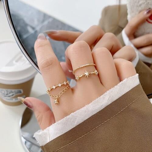 2 Designs Bling CZ Stone Star Tassel Open Rings for Women Girls Brass Gold Multilayed Link Chain Charm Rings Wedding Jewelry