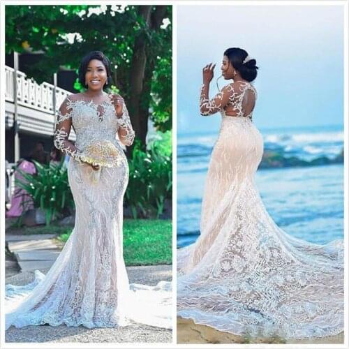 2019 Lace Beaded African Wedding Dresses Plus Size Mermaid Sheer Neck Bridal Dresses Long Sleeves Vintage Sexy Wedding Gowns