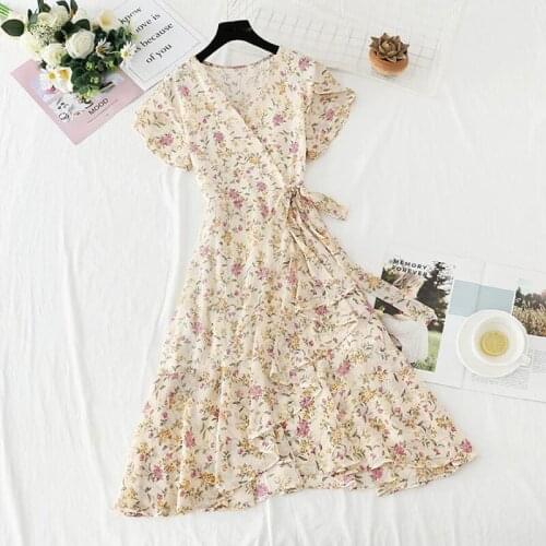 2021 Floral Print Chiffon Summer Dress 2021 Sweet V-neck Short sleeve Knee-length Dresses Women Slim Irregular Party Dress