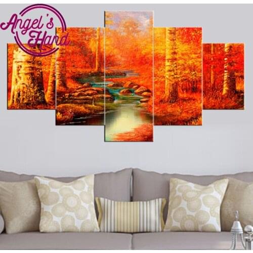 Diamond embroidery full drill cross stitch square 5d diy diamond painting fantasy Natural fall autumn red season painting 5 pcs
