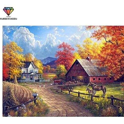 XUEQIXIAOZU 5D Diamond Painting Full Round Diamond Cartoon Village Picture Diamond Embroidery Beautiful Mosaic Cross Stitch