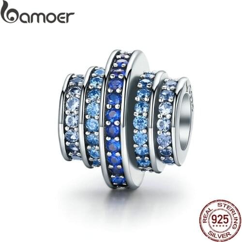 BAMOER Genuine 925 Sterling Silver Gradual Change Round Wheel Blue Melody Clear CZ Crystal Charms fit Bracelets Jewelry SCC129