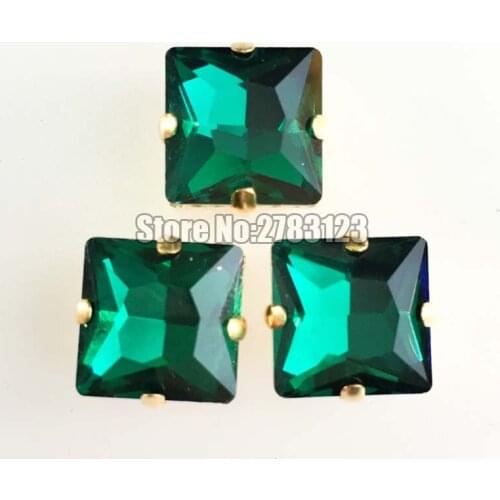Free shipping 12mm 14mm Square Gold bottom Glass Crystal malachite green sew on claw rhinestones,diy/Clothing accessories 20pcs