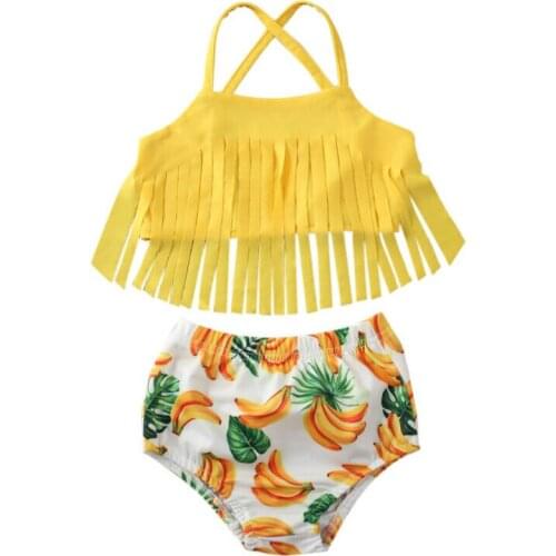 Kids Baby Girls Swimwear Solid Tassel Top+Banana Print Shorts Bikini Set Outfits Fashion Cotton Swimwear Beachwear 1-5T
