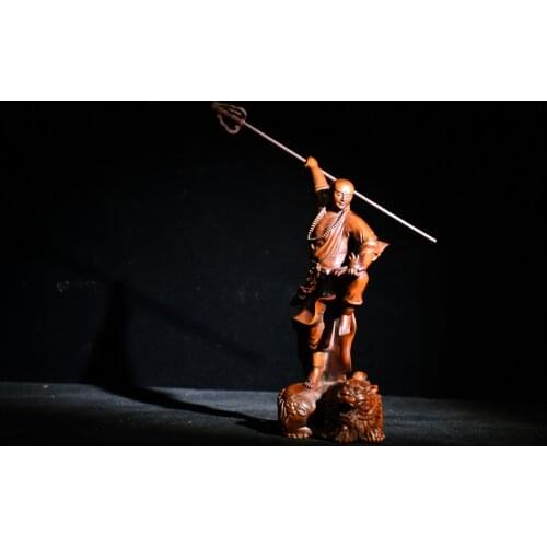 Home Decor 8" China Lucky Old Boxwood Hand-carved Dharma Ksitigarbha ride tiger Ornaments Town House Exorcism