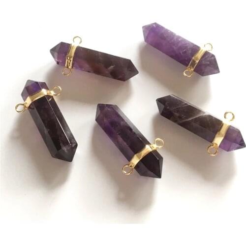 FUWO Natural Amethysts Point Pendant With Gold Trimmed Double Loops Hexagon Pen Jewelry For Necklace Making 5 pieces/lot PD310