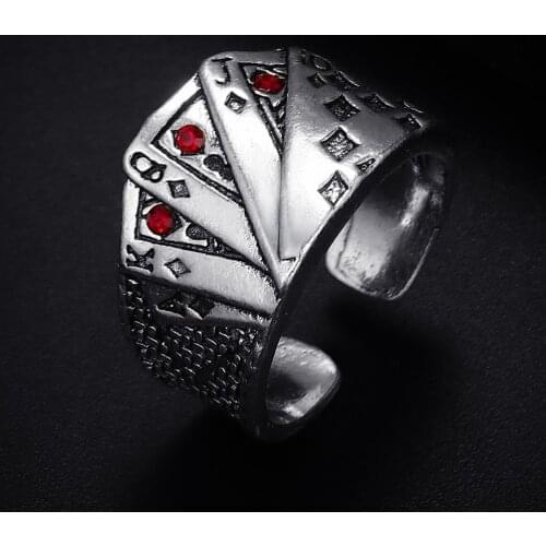 Trendy Vintage Poker Shape Antique Silver Plated Punk Hiphop Rock Style Resizable Rings for Women Girl & Man Retro Party Jewelry