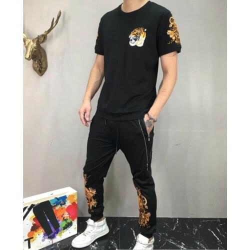 European style summer brand O net red Casual Short Sleeve suit mens pattern embroidery tiger head fashion two piece set