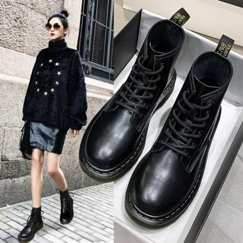 Leather Martin Boots Women British Style Round Head Motorcycle Medium Autumn and Winter Casual Short Chunky Heel Shoes
