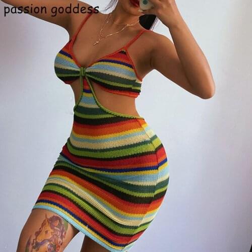 New 2021 Summer Women Sexy Hollow Out Stripe Mini Bodycon Knit Party Dress Spaghetti Strap V-Neck Cut Out Vacation Beach Outfits