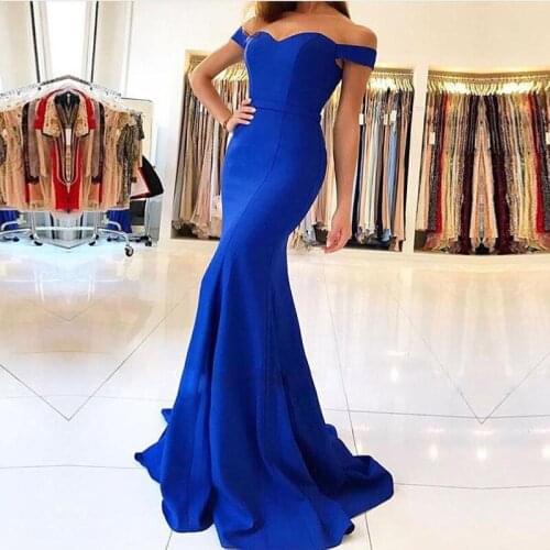 Sexy Mermaid Evening Dress Blue Color Court Train Off The Shoulder Prom Dress Elegant Girls Party Dress Formal Dress New Models