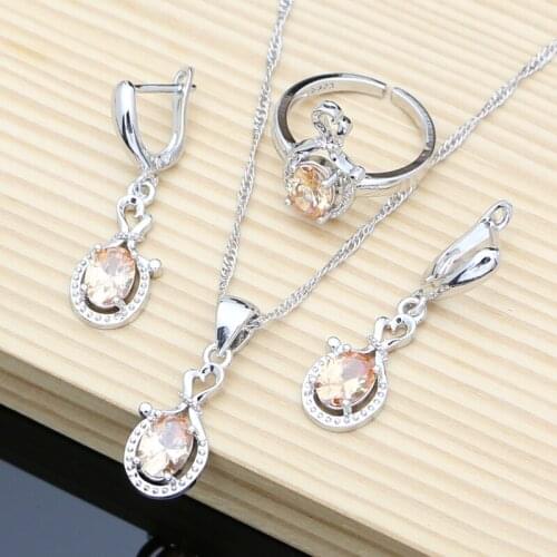 Silver 925 Bride Earrings Jewelry Sets for Women Champagne Topaz Necklace Open Ring Trendy Party Gift Jewellry Dropshipping