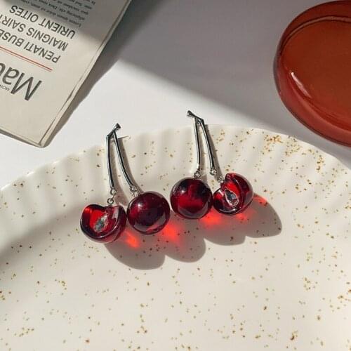 New Cute Simulation Red Cherry Earrings Sweet Resin Hot Sale Gold ColorFor Women Girl Student Fruit 1Pair Earring Gift