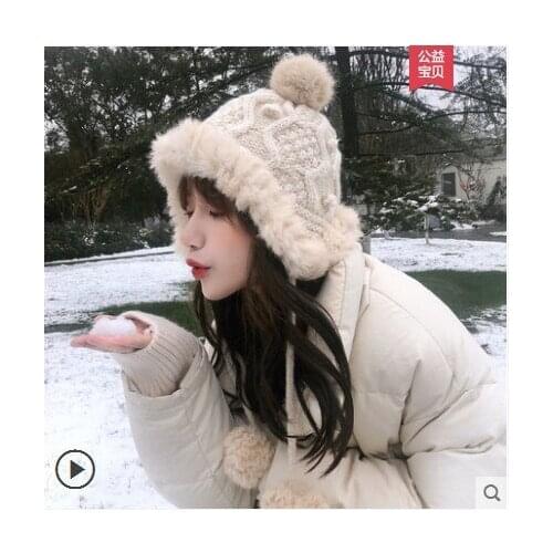 Wool Hat Women Winter Ear Protection Lei Feng Hat Lovely Fox Hair Ball Plush Warm Rabbit Hair Knitted Hat Winter Keep Warm Caps