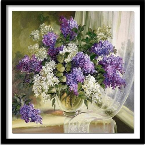 Pattern beaded embroidery purple and white lilac flower vase full 5d drill diamond painting decoration rhinestone picture