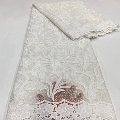 High Quliay African Tulle Lace Net French New White Color Embroidered With Stones 5Yards For Wedding Dress