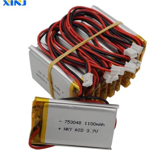 XINJ 10pcs 3.7V 1100mAh 2pin JST 2.0mm plug 753048 Li lithium polymer battery lipo Li ion cell For Camera E-book Phone Tablet PC