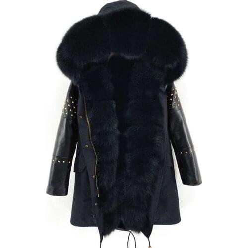 2020 Long Parka Real Fur Coat Winter Jacket Women Natural Sheepskin Leather Rivet Sleeves Outerwear Streetwear New Casual