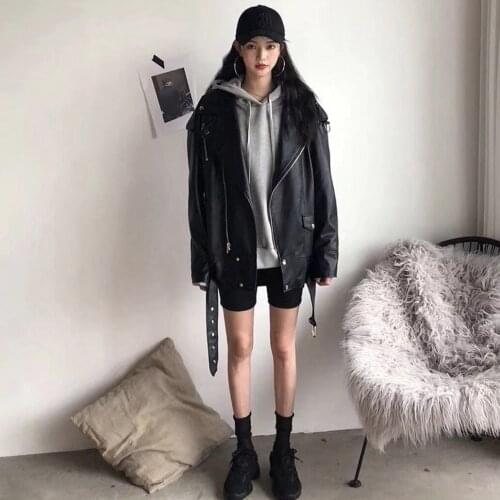 2021 Female Stylish Turn-down Collar Zipper Black PU Leather Outcoat Spring Autumn New Lady Loose Casual Russion Version Jacket