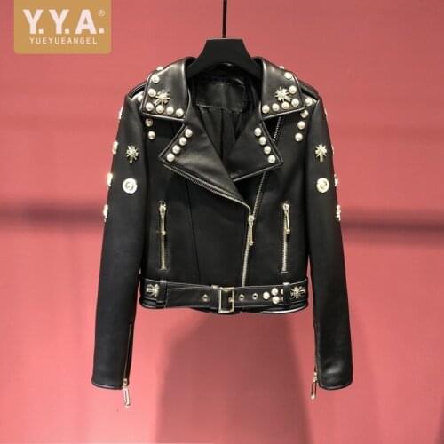 Women Motorcycle Jacket Fashion Design Rivets Long Sleeve Slim Fit Genuine Leather Short Jackets Streetwear Punk Sheepskin Coat