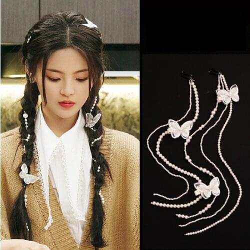 Lystrfac Fashion Pearl Chain Braided Hairclip for Women Girls Lace Butterfly Hairpin Female Headdress Vintage Hair Accessories