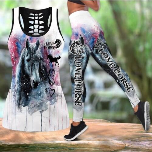 Beautiful Love Horse 3D All Over Printed Hollow Tank Top & Leggings Set Fitness Female Full Length Leggings Running Pants DDK68