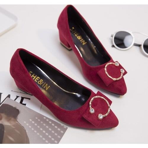 Plus Size 41 Women Pumps Pointed Toe Boat Shoes High Heels Dress Shoes Crystal Ladies Shoes Faux Suede Chunky Heeled Black 8391G