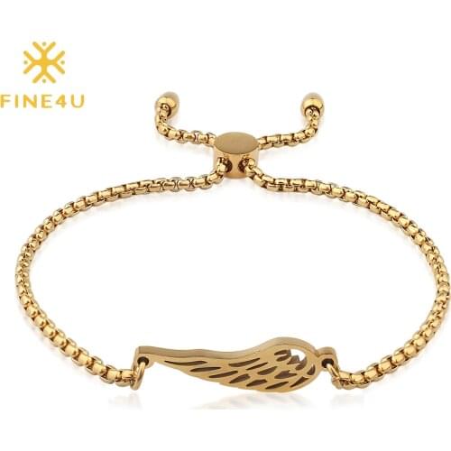 FINE4U B318 Stainless Steel Box Chain Bracelet For Women Gold Color Angel Wing Charm Bracelet Valentines Day Jewelry Gift