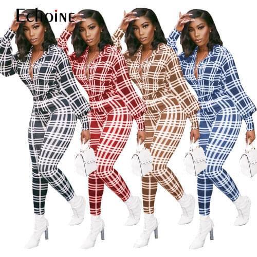 Echoine 2021 Women spring Plaid Print Button Up Long Sleeve Jumpsuit High Waist Lantern Sleeve Romper One Piece Street Overalls