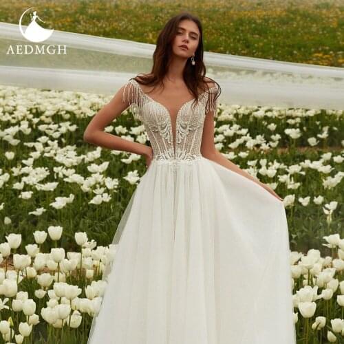 Aedmgh A-Line Beach Wedding Dresses 2021 Sweetheart Beaded Tassel Vestido De Novia Appliques Backless Tulle Robe De Marige