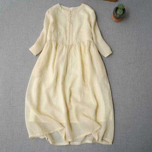 Spring Summer Women Loose Vintage Sweet Mori Girls Embroidery Comfortable Water Washed Thin Ramie Yellow Pullover Dresses